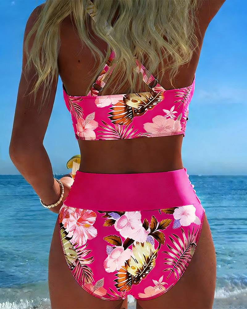 Bikini - Contrasting Floral Print and Opening