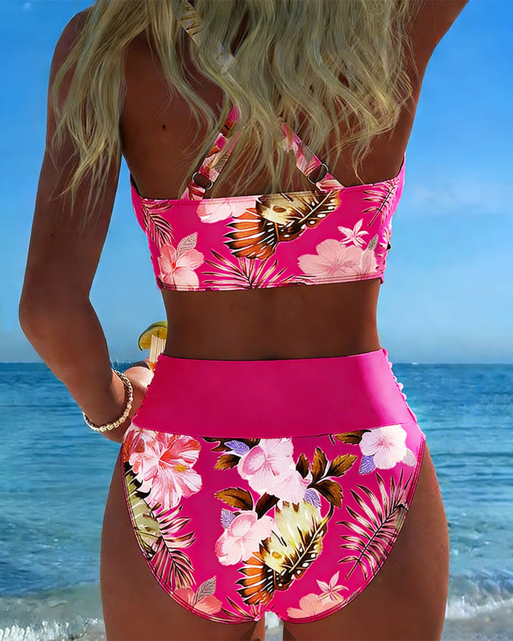 Bikini - Contrasting Floral Print and Opening