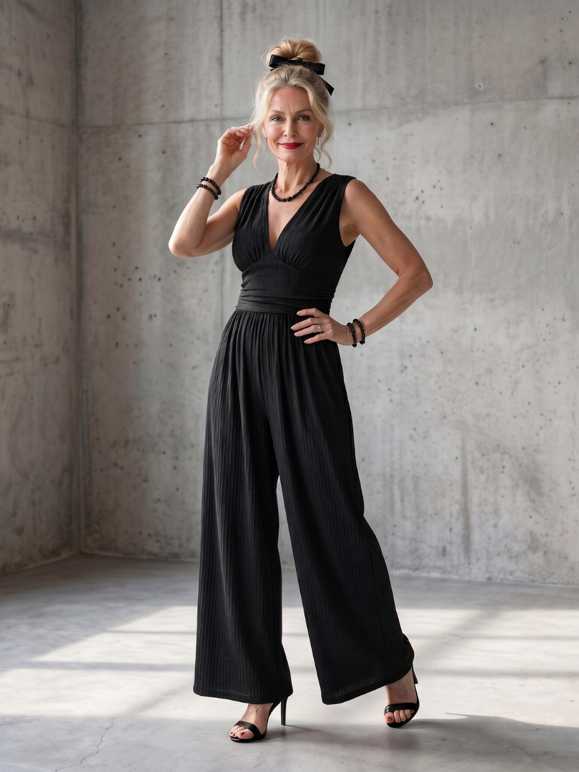 Vincenza - Deep V Neck Defined Waist Wide Leg Jumpsuit