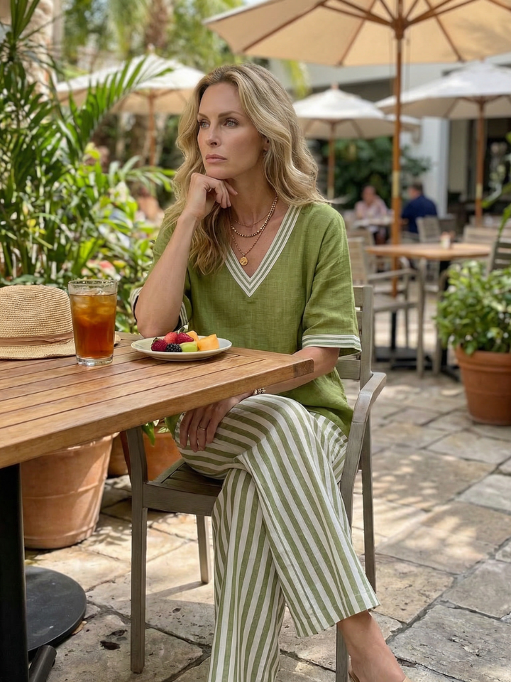 Wren - Contrast V-Neck Tunic with Striped Pants Set