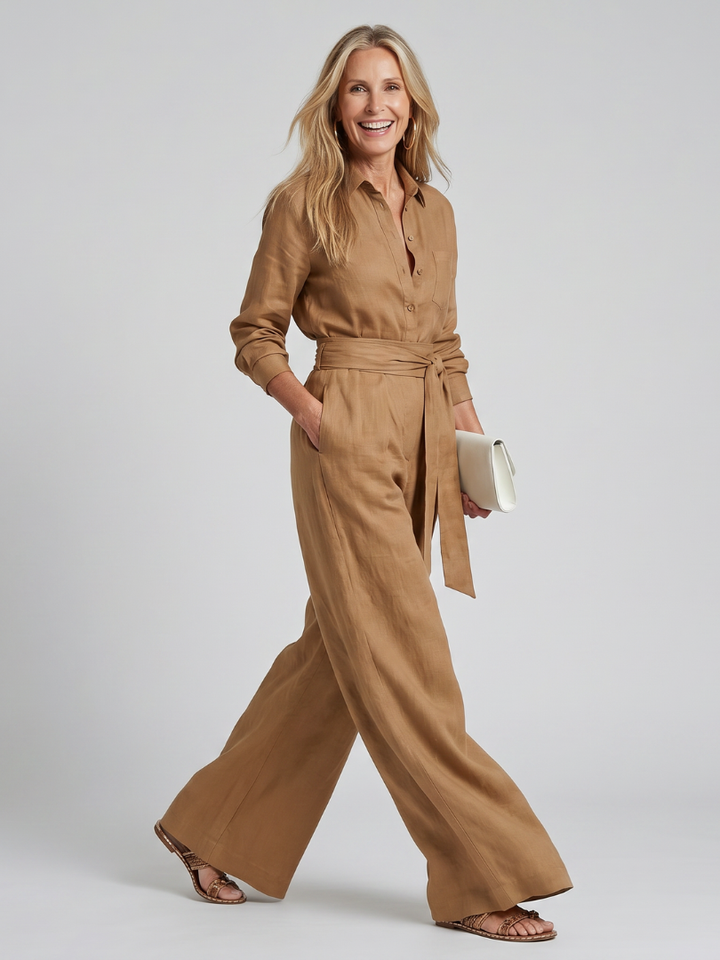 Jovie - Long Sleeve Button Front Wide Leg Jumpsuit