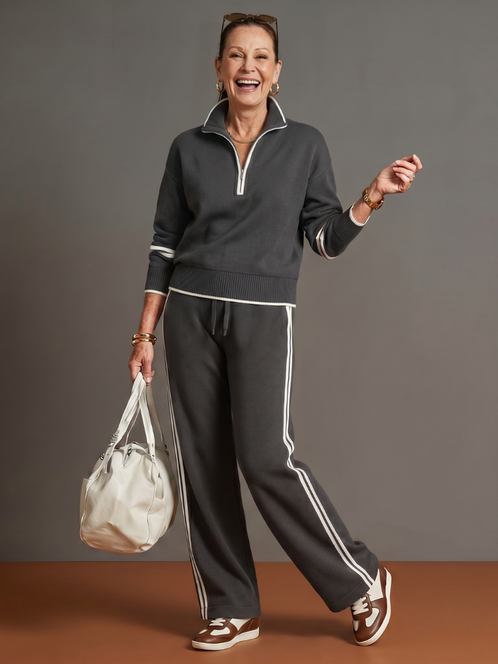 Regen - Zip Neck Long Sleeve Side Stripe Pants Set