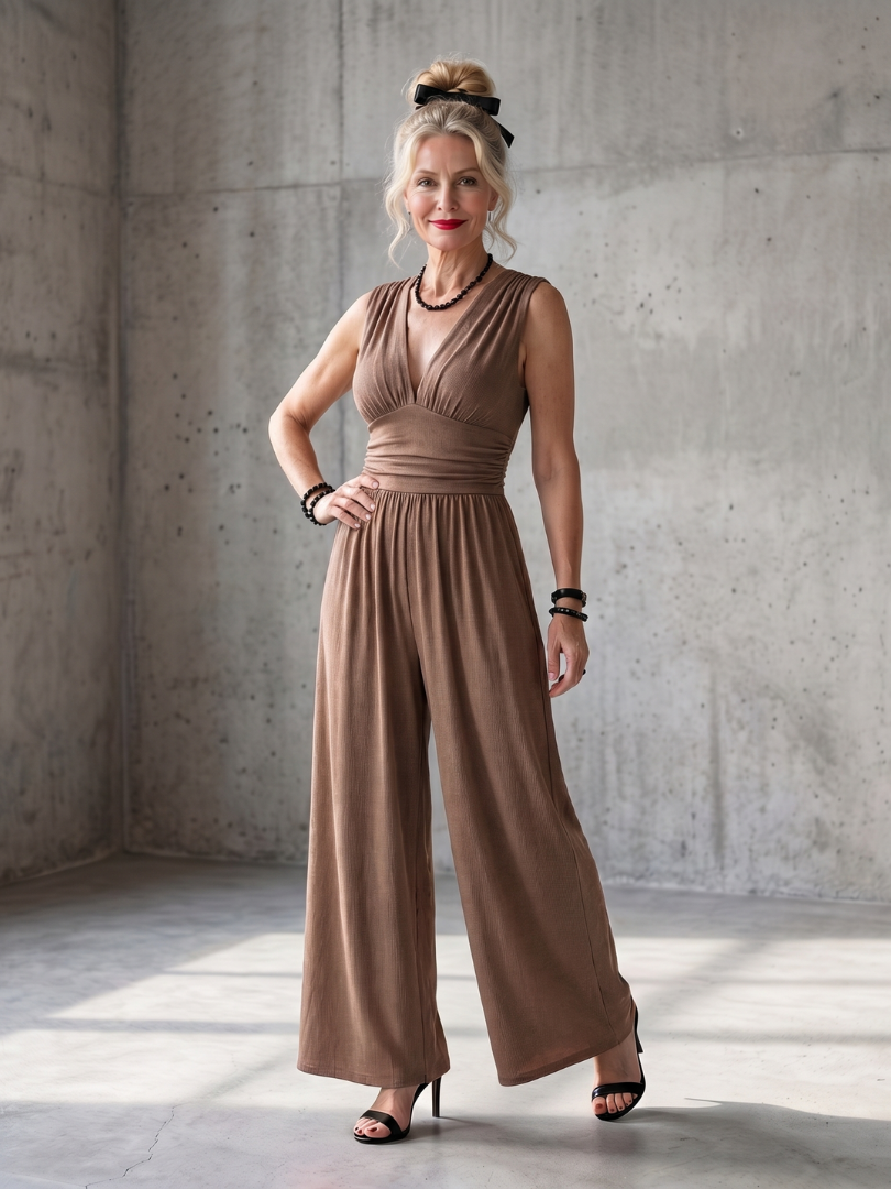 Vincenza - Deep V Neck Defined Waist Wide Leg Jumpsuit