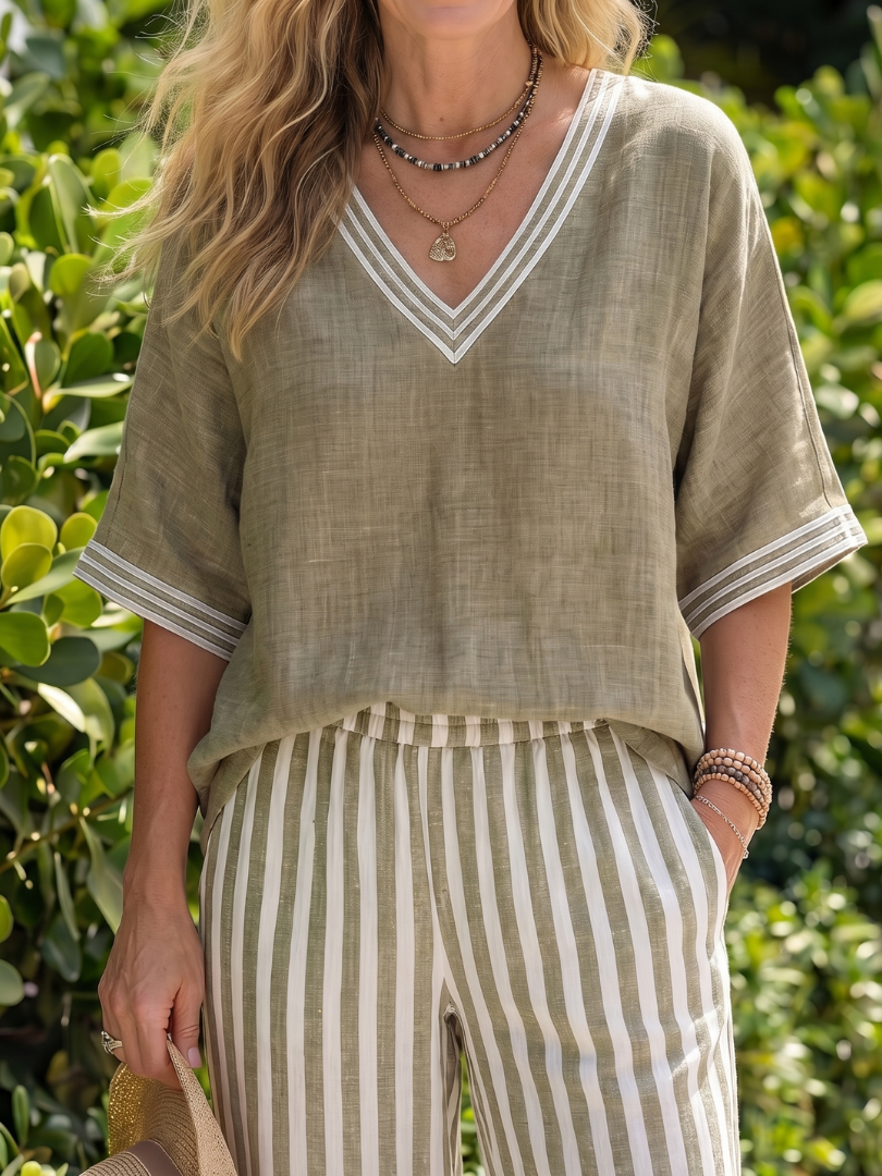 Wren - Contrast V-Neck Tunic with Striped Pants Set