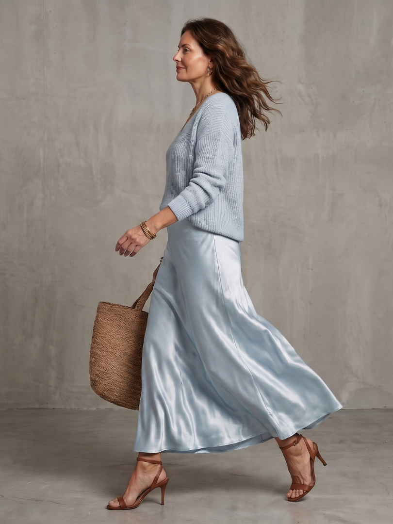 Luciana - Bias Fall Satin Skirt Knit Layer Set