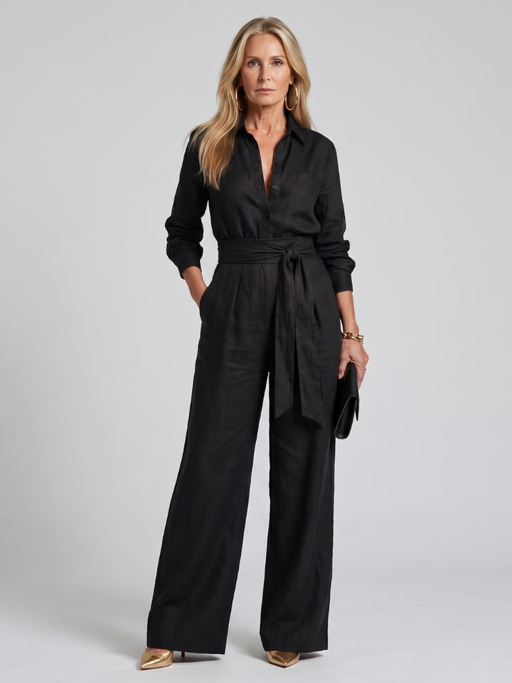 Jovie - Long Sleeve Button Front Wide Leg Jumpsuit