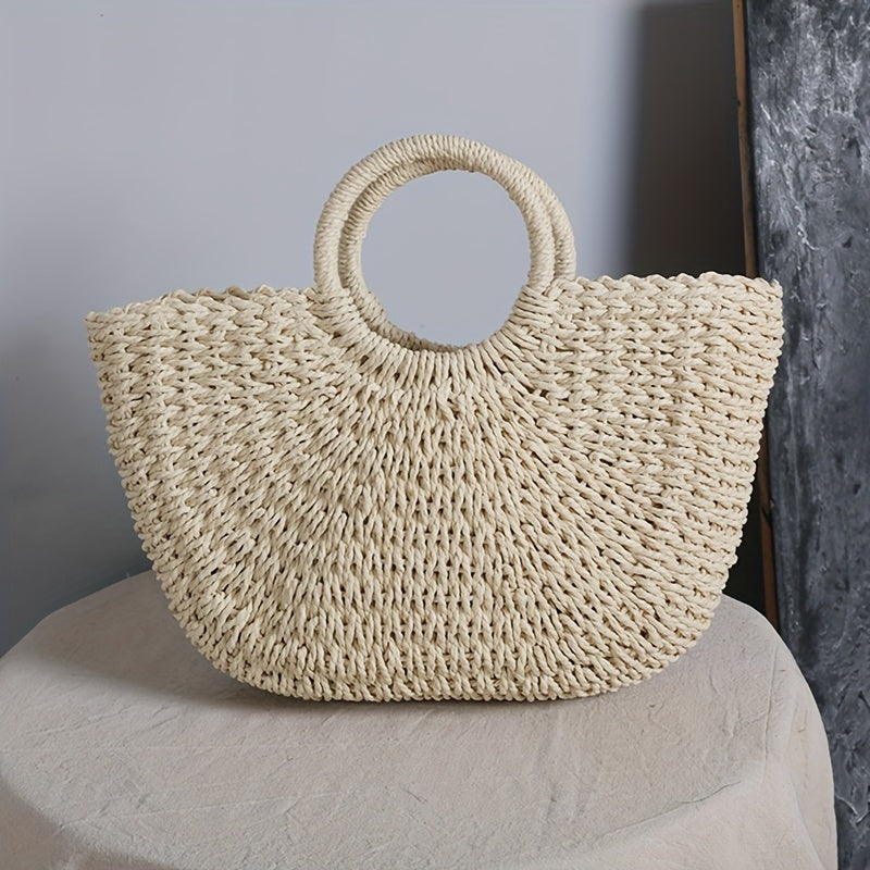 Ottavia - Natural Beige Woven Straw Half-Moon Bag
