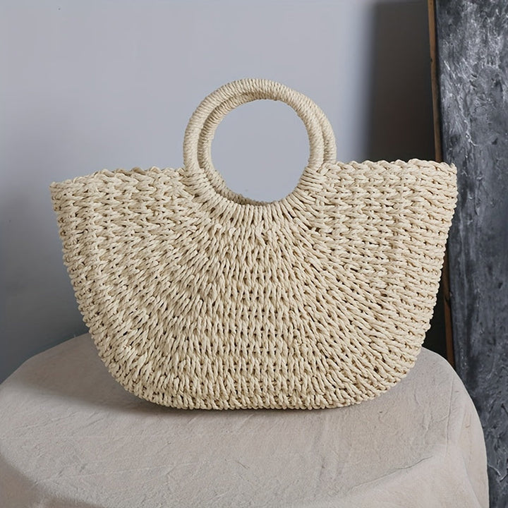 Ottavia - Natural Beige Woven Straw Half-Moon Bag