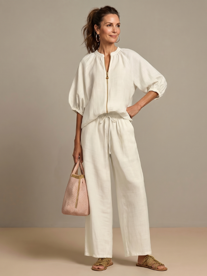 Natalia - Blouson Top with Zipper and Wide Pants Set