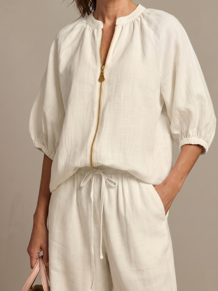 Natalia - Blouson Top with Zipper and Wide Pants Set
