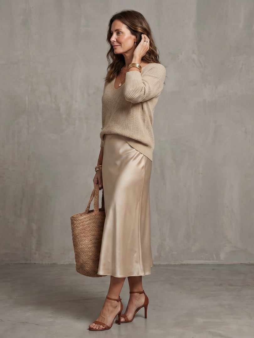 Luciana - Bias Fall Satin Skirt Knit Layer Set