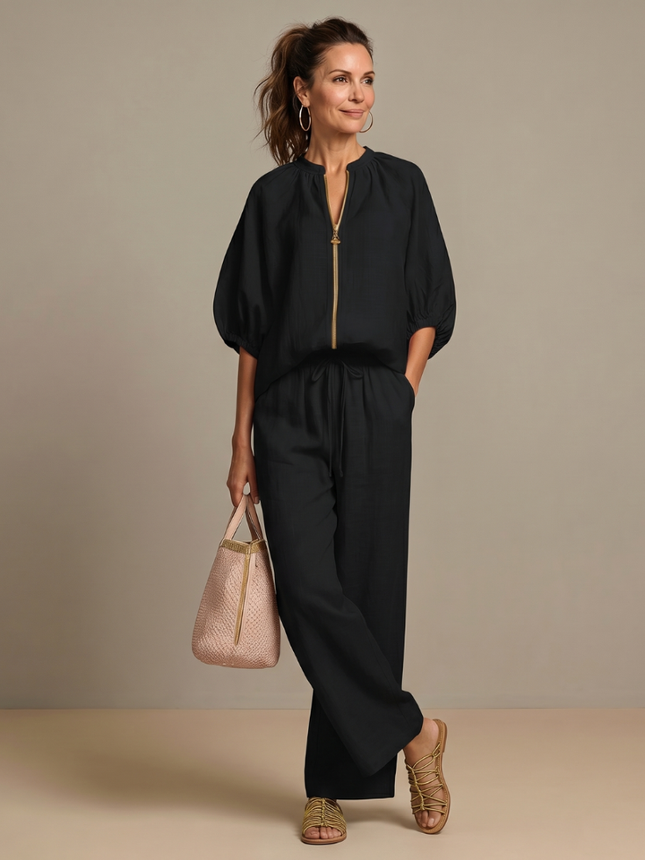 Natalia - Blouson Top with Zipper and Wide Pants Set