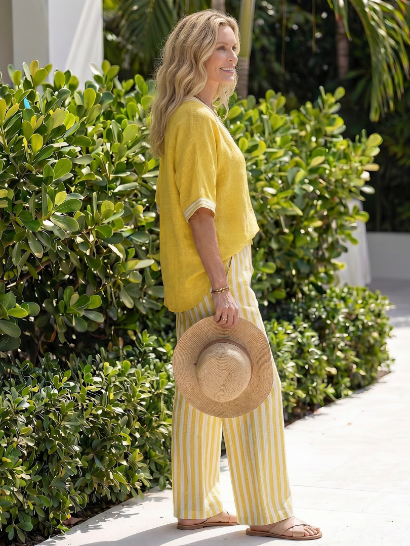 Wren - Contrast V-Neck Tunic with Striped Pants Set