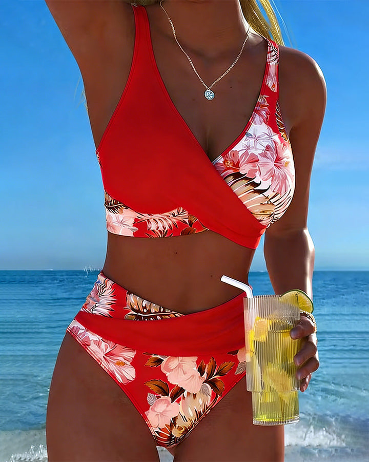 Bikini - Contrasting Floral Print and Opening