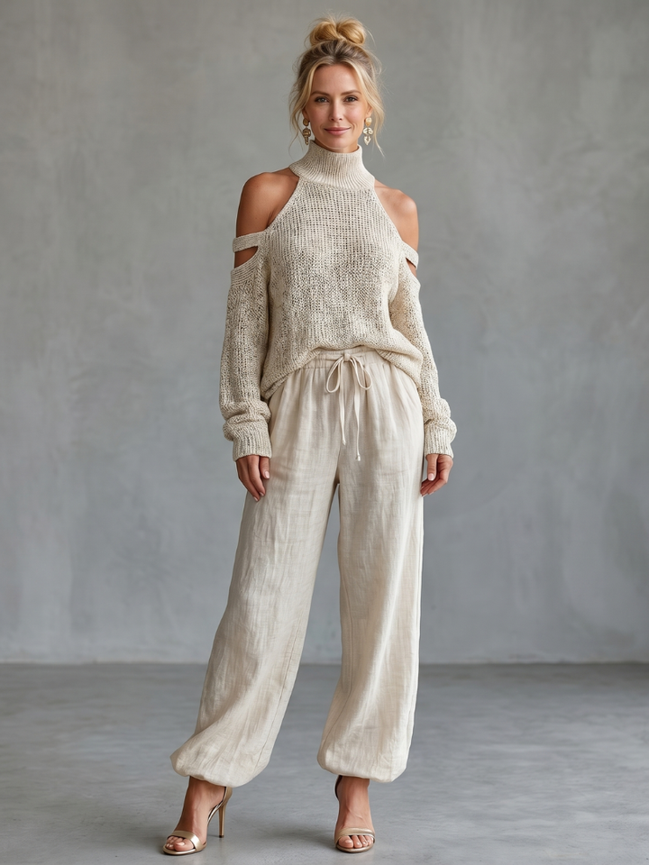 Questa - Open Shoulder Knitted Top and Wide Pants Set