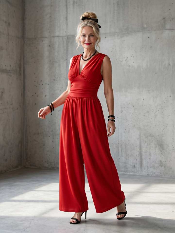 Vincenza - Deep V Neck Defined Waist Wide Leg Jumpsuit