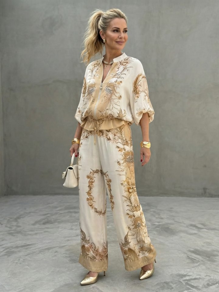 Indie - Zip Front Blouson Top Printed Two Piece Set