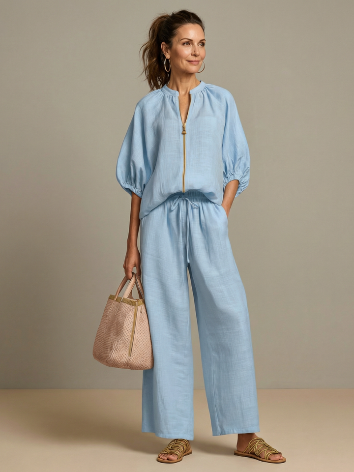 Natalia - Blouson Top with Zipper and Wide Pants Set