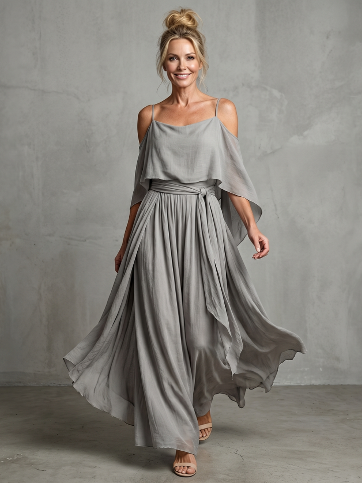 Marisol - Layered Draped Cold Shoulder Top Wide Leg Set