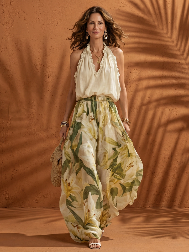 Solange - Halterneck Floral Wide Pants Set
