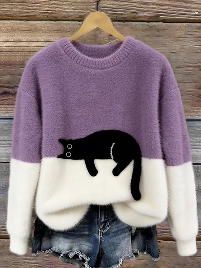 Aileen - Elegant Cat Print Oversized Sweater