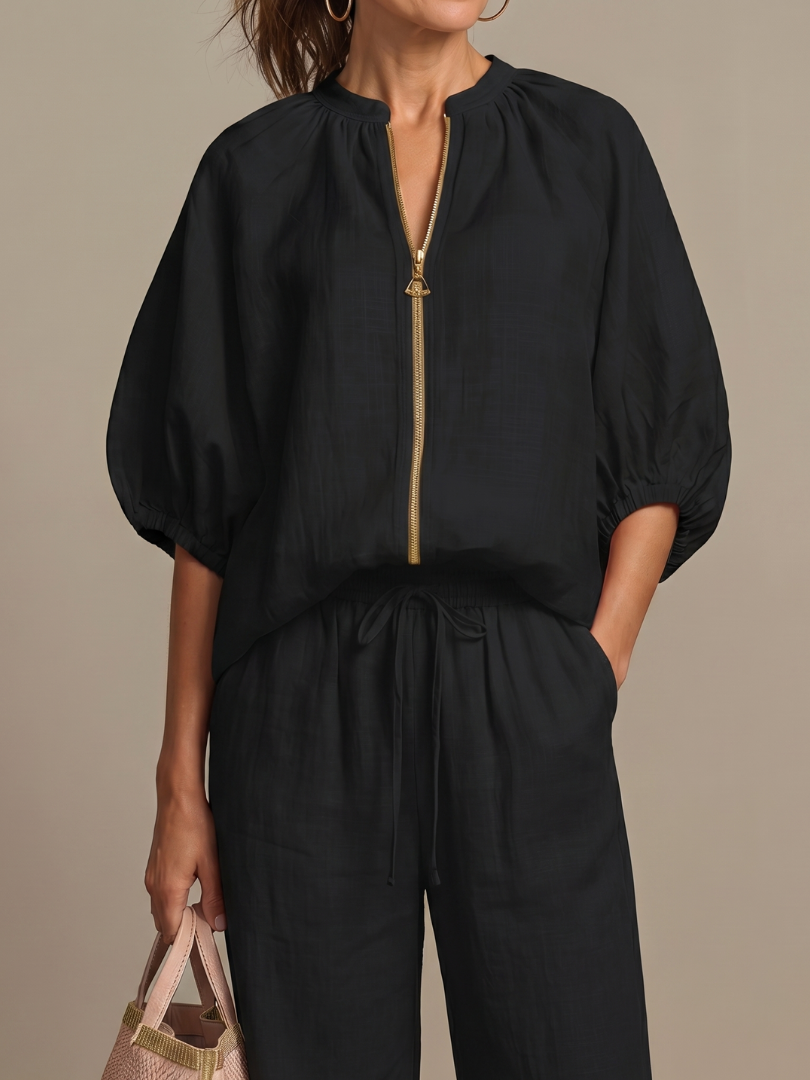 Natalia - Blouson Top with Zipper and Wide Pants Set