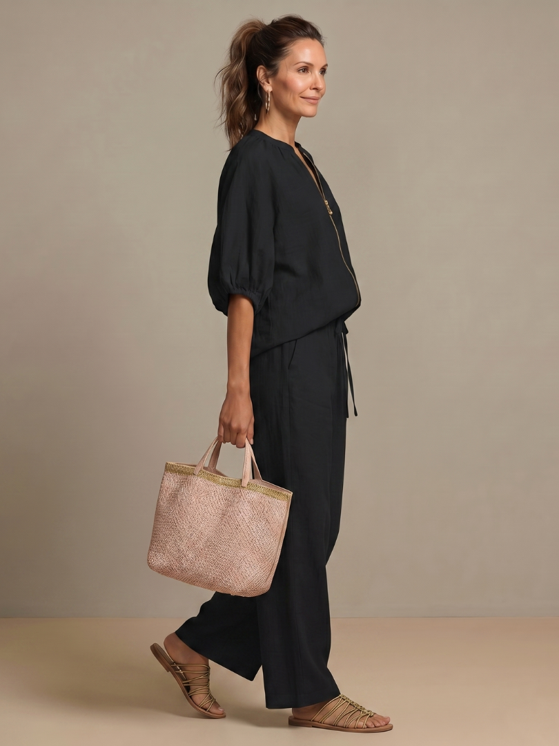 Natalia - Blouson Top with Zipper and Wide Pants Set