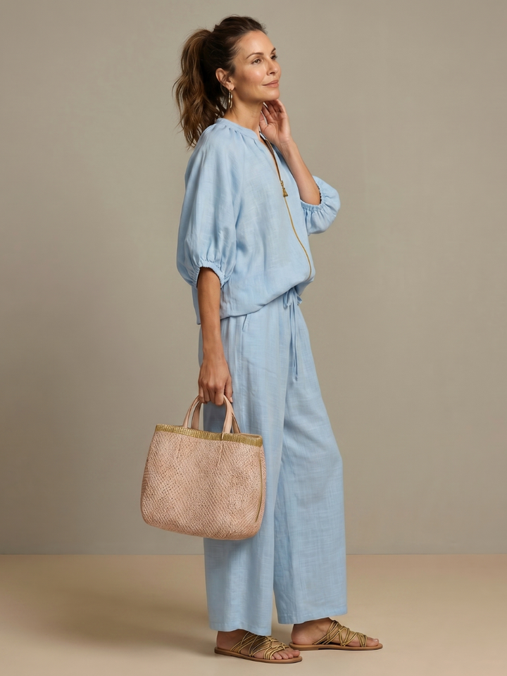 Natalia - Blouson Top with Zipper and Wide Pants Set