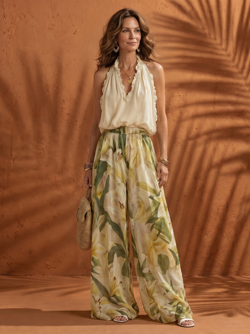 Solange - Halterneck Floral Wide Pants Set