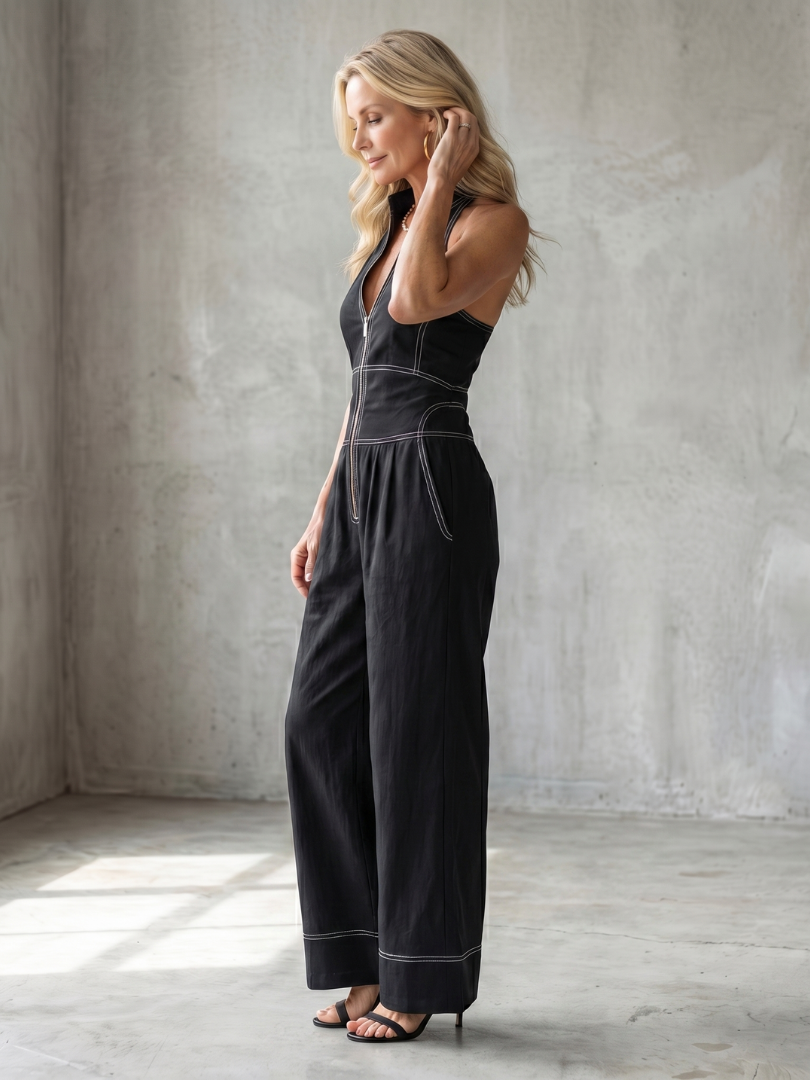 Dara - Zip Front Contrast Stitch Wide Leg Jumpsuit