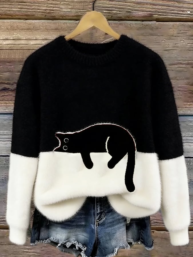 Aileen - Elegant Cat Print Oversized Sweater