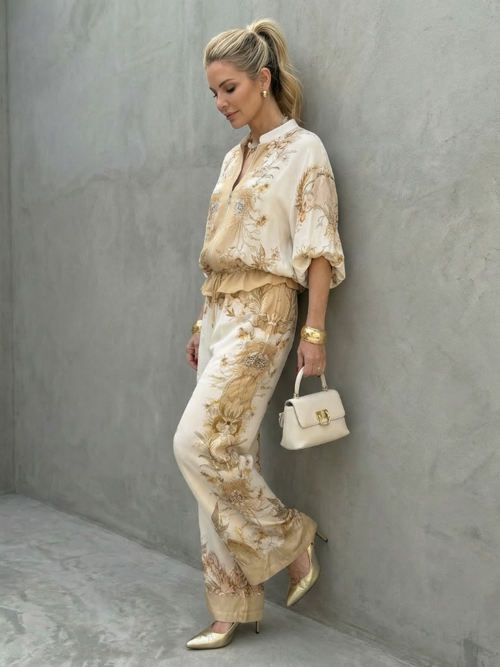 Indie - Zip Front Blouson Top Printed Two Piece Set