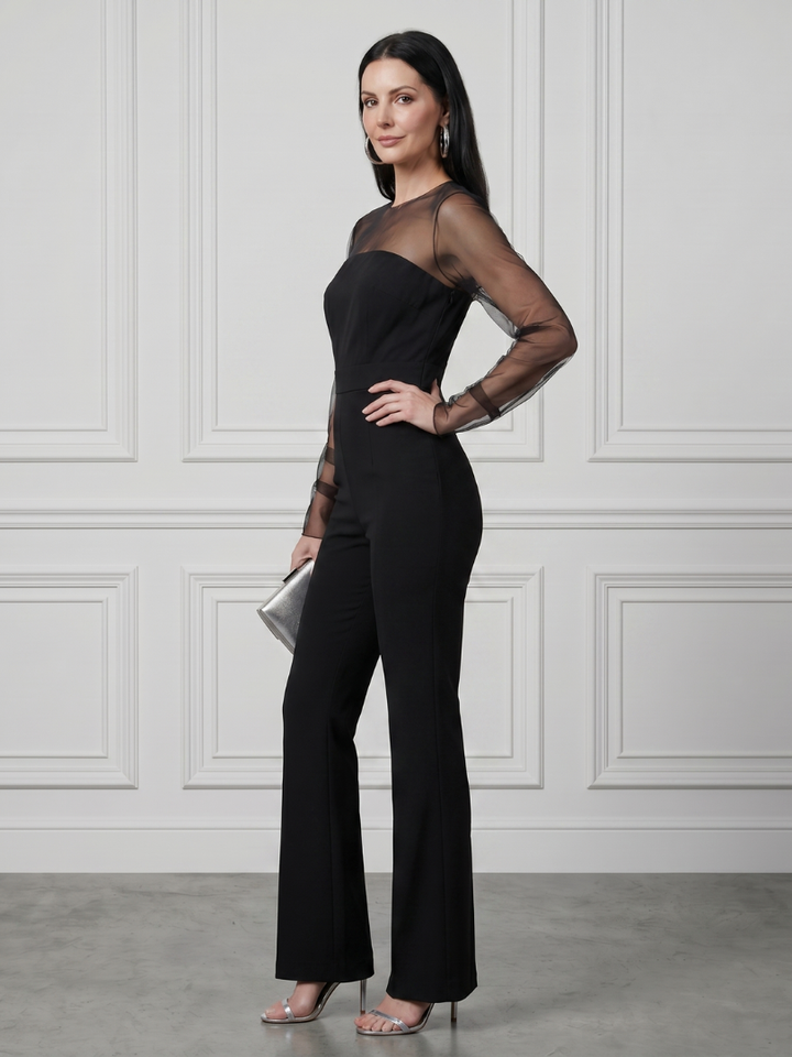 Oksana - Sheer Fitted Bodice Flared Pant Jumpsuit