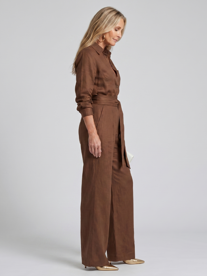 Jovie - Long Sleeve Button Front Wide Leg Jumpsuit
