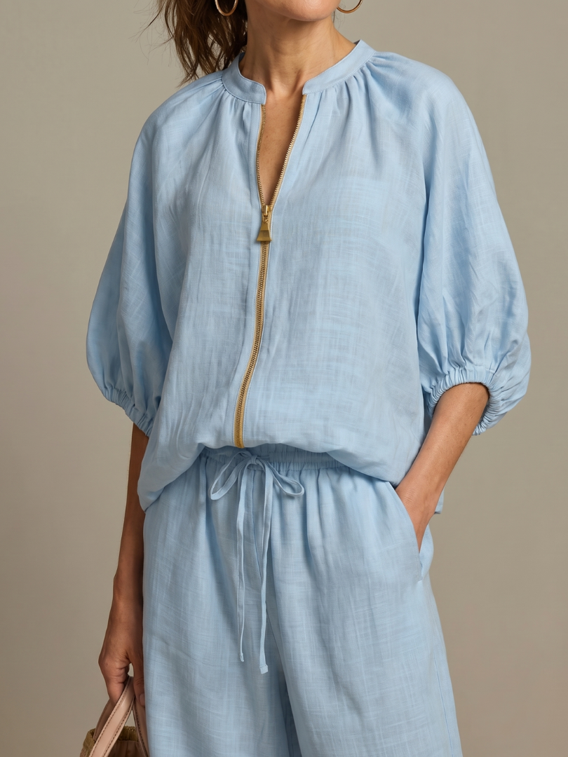 Natalia - Blouson Top with Zipper and Wide Pants Set