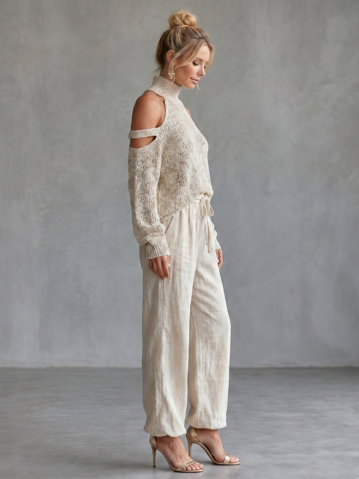 Questa - Open Shoulder Knitted Top and Wide Pants Set