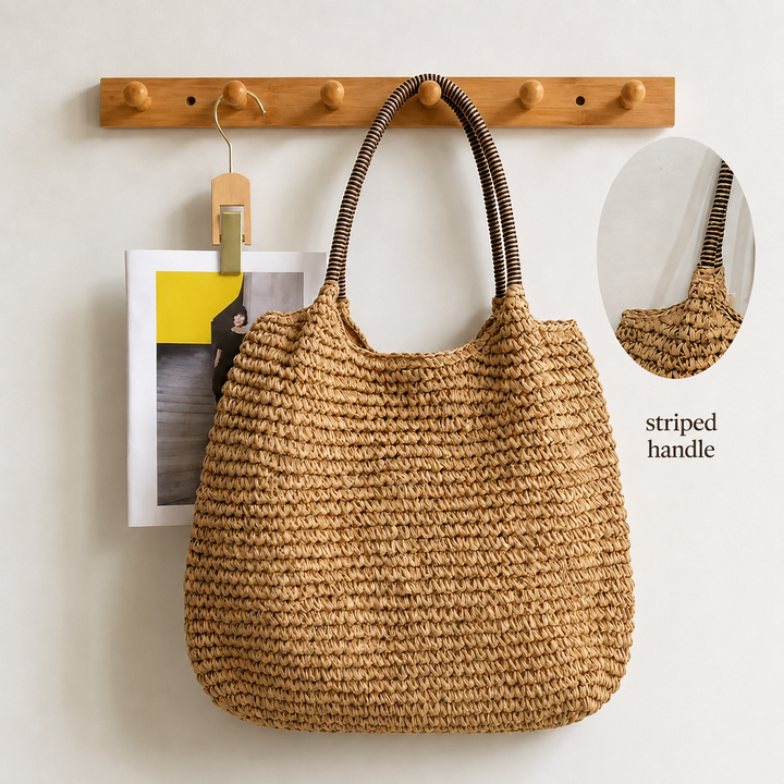 Melissa - Woven Straw Crossbody Bag - Light Camel