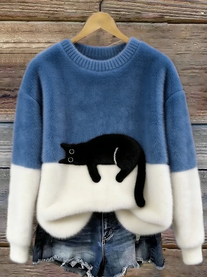 Aileen - Elegant Cat Print Oversized Sweater