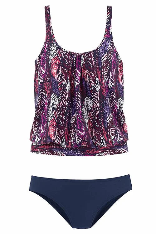 Plume - Tankini Set with Feather Pattern that Covers the Stomach