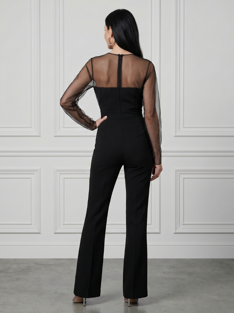 Oksana - Sheer Fitted Bodice Flared Pant Jumpsuit