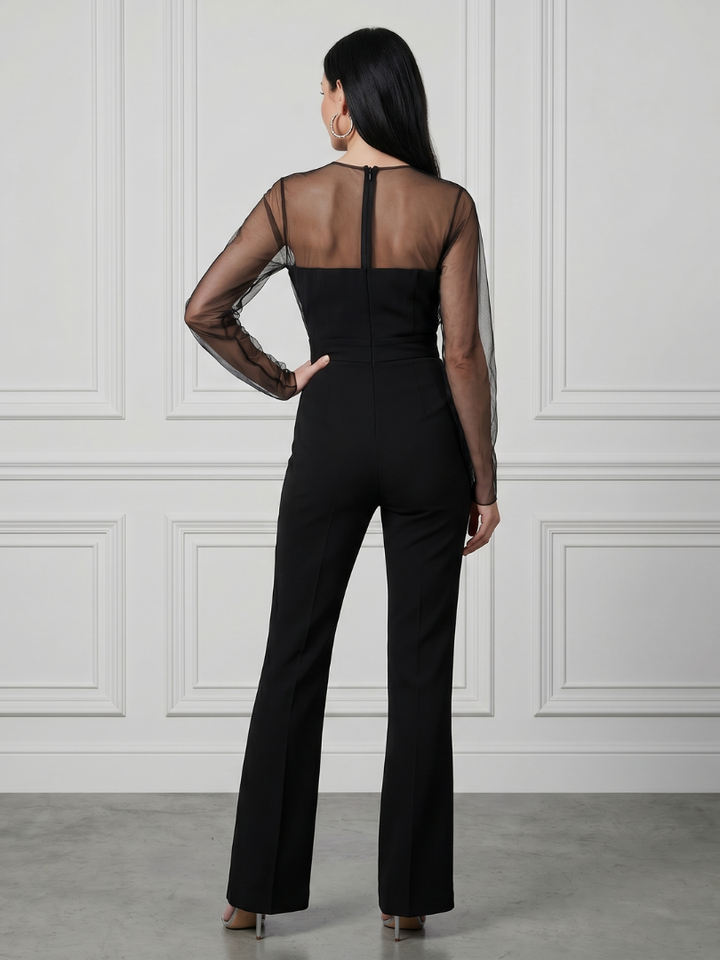 Oksana - Sheer Fitted Bodice Flared Pant Jumpsuit
