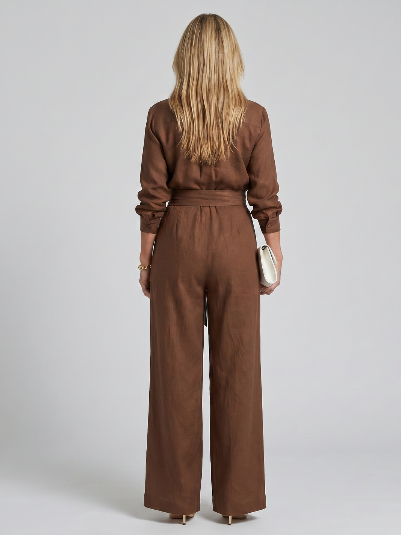 Jovie - Long Sleeve Button Front Wide Leg Jumpsuit