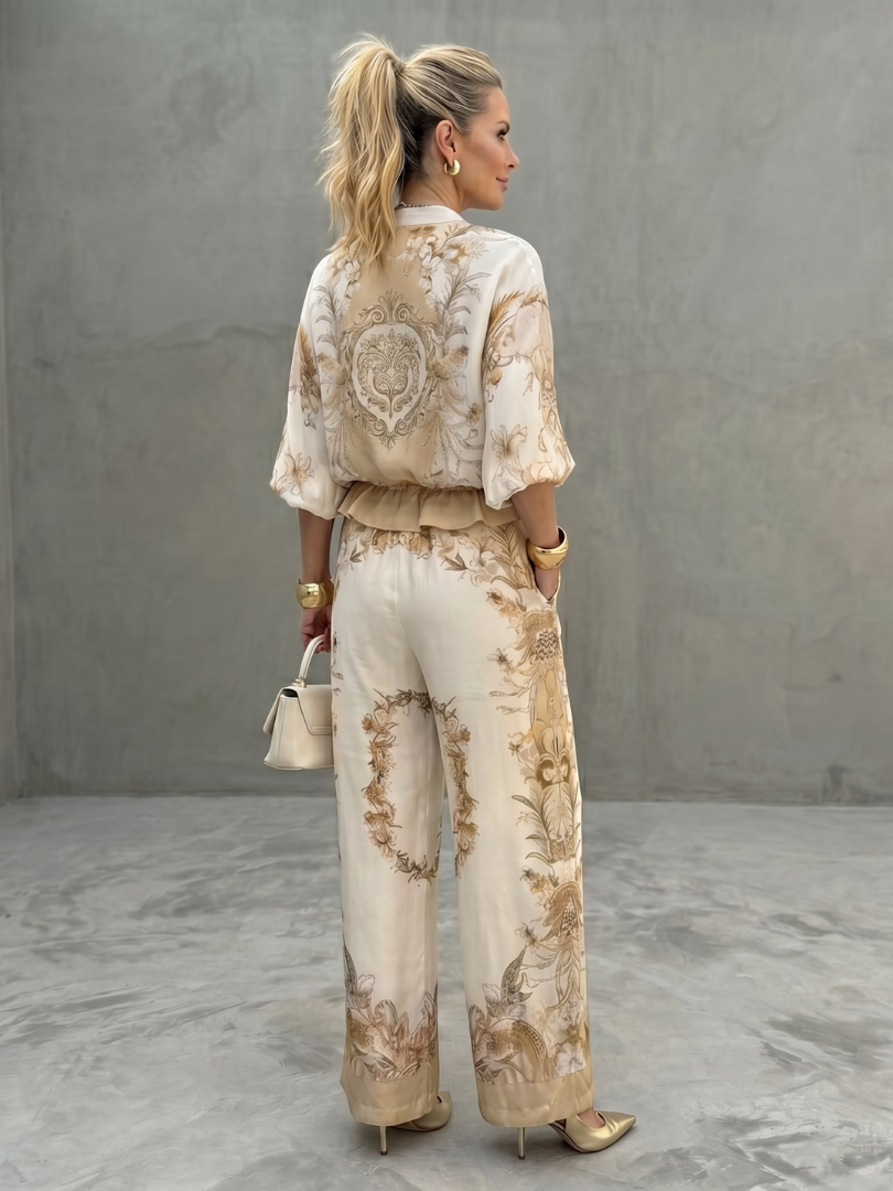 Indie - Zip Front Blouson Top Printed Two Piece Set