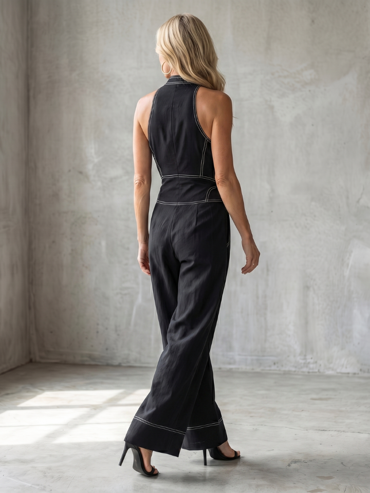 Dara - Zip Front Contrast Stitch Wide Leg Jumpsuit
