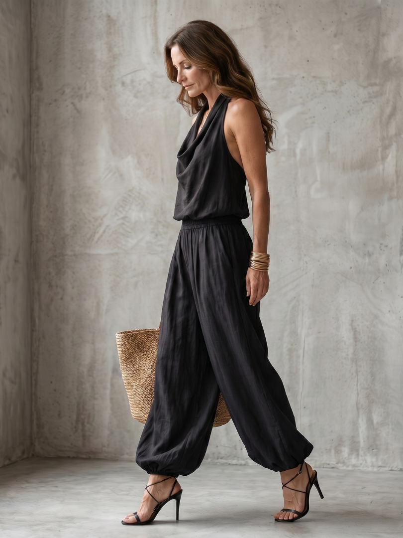 Yvaine - Top with Draped Neck and Wide Leg Pants Set