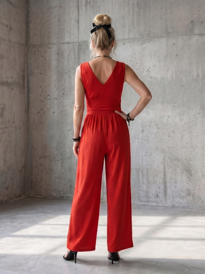 Vincenza - Deep V Neck Defined Waist Wide Leg Jumpsuit