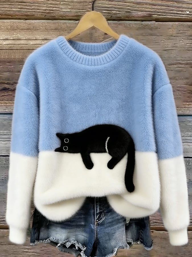 Aileen - Elegant Cat Print Oversized Sweater