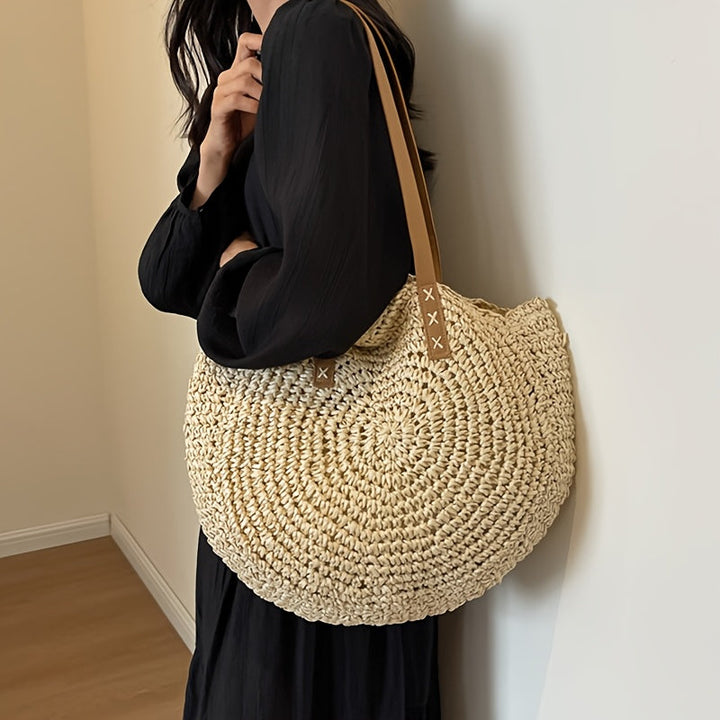 Lisa - Woven Straw Round Bag - Beige