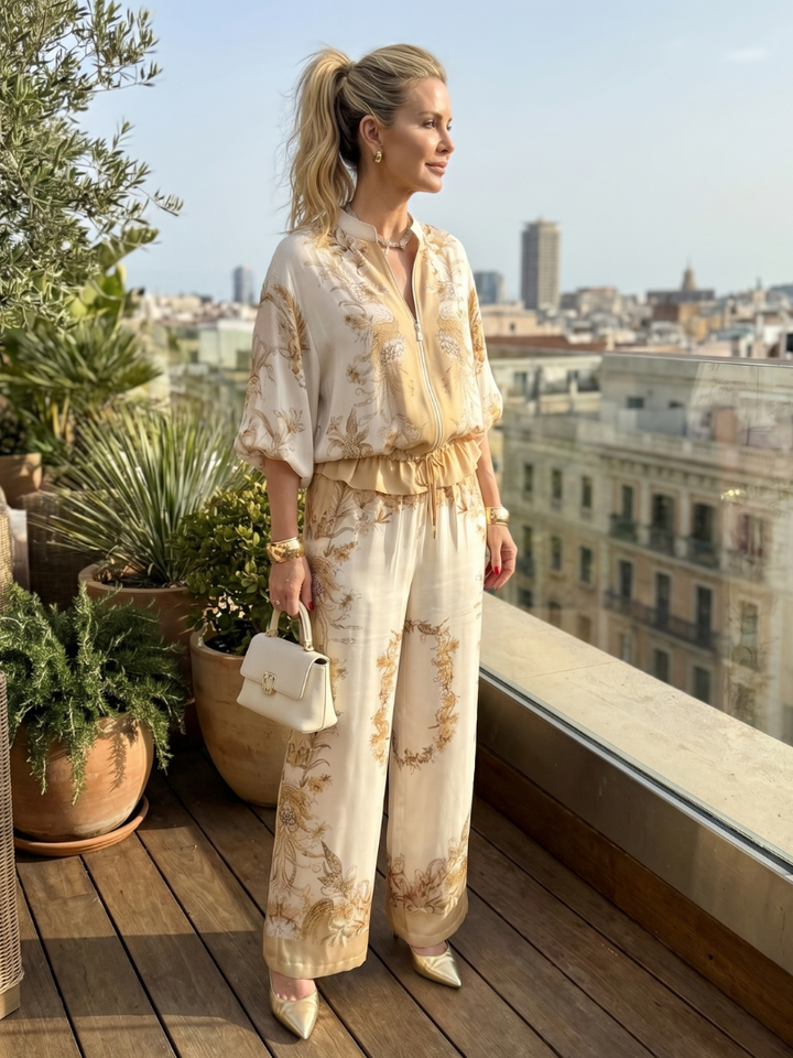 Indie - Zip Front Blouson Top Printed Two Piece Set