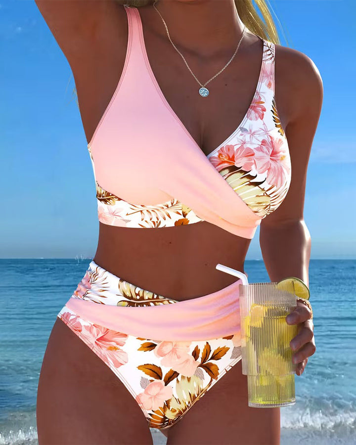 Bikini - Contrasting Floral Print and Opening